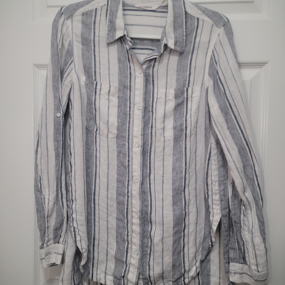 Athleta Women's Casual Striped Button-Down Shirt - Blue and White